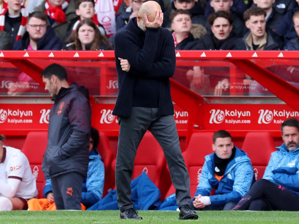 Pep Guardiola, Manager of Manchester City, looks dejected during the Premier League match against Nottingham Forest. Picture: Alex Livesey/Getty Images