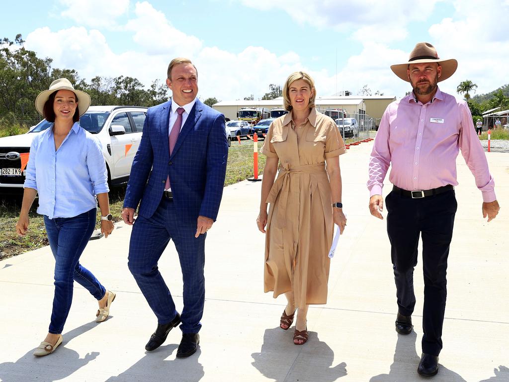 Premier Steven Miles and Health Minister Shannon Fentiman hold a press conference at the North Rockhampton Ambulance station with Brittany Lauga and Craig Marshall. Pics Adam Head