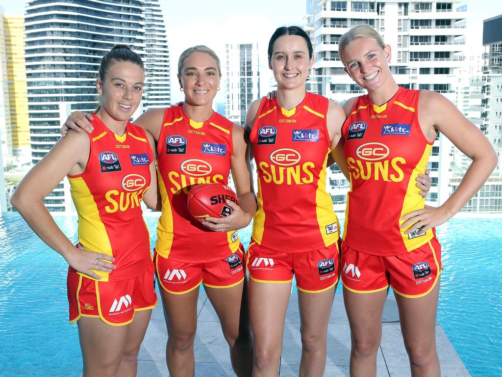 The Suns AFLW leadership group: Jamie Stanton, captain Hannah Dunn, vice-captain Bess Keaney and Serene Watson, pictured at the season launch. Player development has come in leaps and bounds on the Glitter Strip. Picture: Richard Gosling/Getty Images