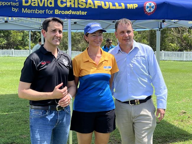 LNP leader David Crisafulli, Northern Gold Coast Netball Association Treasurer Christine Main and Theodore MP Mark Boothman. Picture: Keith Woods.