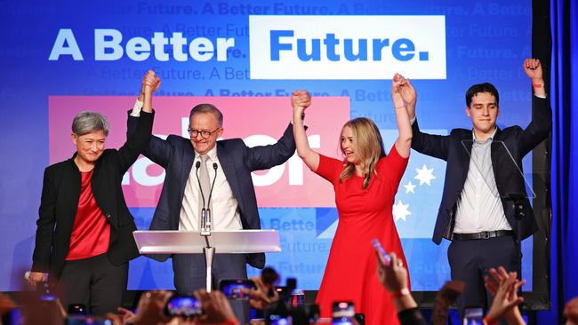 Albanese with Penny Wong, partner Jodie Haydon and son Nathan on election night in 2022. Picture: Sam Ruttyn