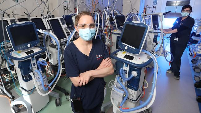 Nurses Annette Dlugogorski and Geraldine Spizzimi with newly arrived ventilators at the Royal Melbourne Hospital. Picture: Alex Coppel