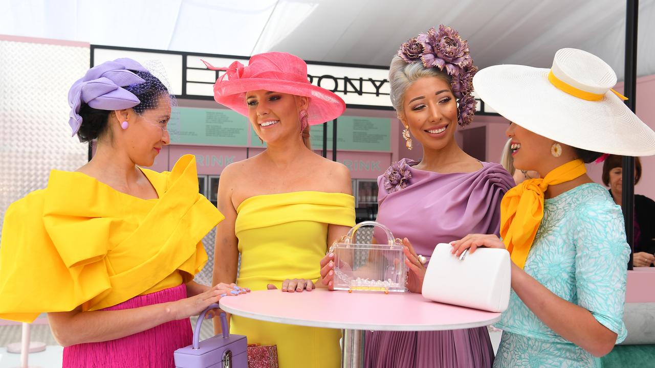 Fashions on the Field contestants, including Amy Gyss, centre left, and Milano Imai, centre right. Picture: AAP