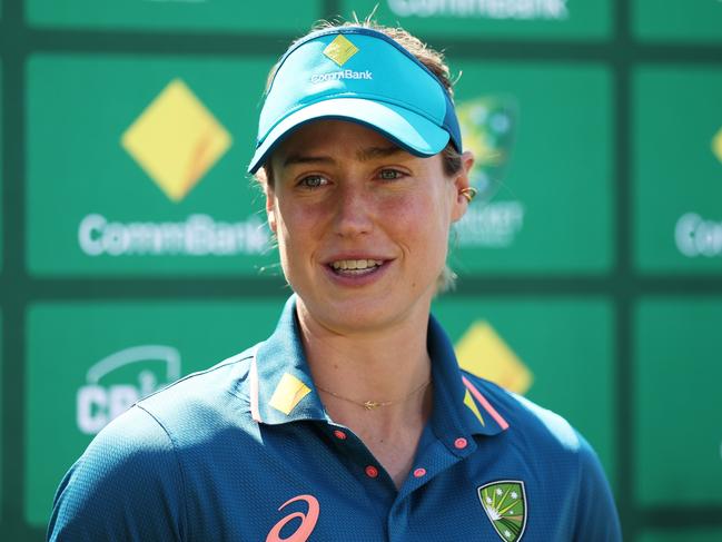 SYDNEY, AUSTRALIA - SEPTEMBER 29:  Australian cricketer Ellyse Perry speaks to the media during the Australia v West Indies Women's International Series Launch at North Sydney Oval on September 29, 2023 in Sydney, Australia. (Photo by Matt King/Getty Images for Cricket Australia)