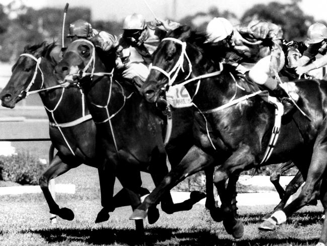 Racing at Rosehill in 1987 as Marauding (outside) ridden by Ron Quinton wins the 1987 Golden Slipper Stakes.