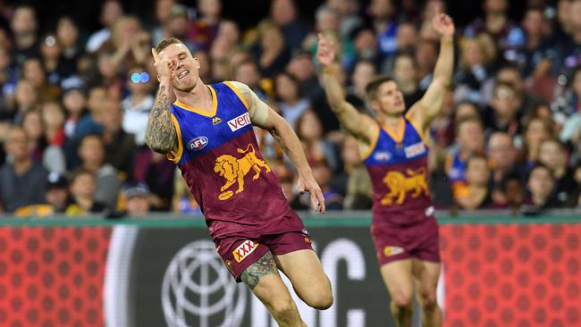 Dayne Beams celebrates kicking a goal against Carlton. Picture: AAP Images