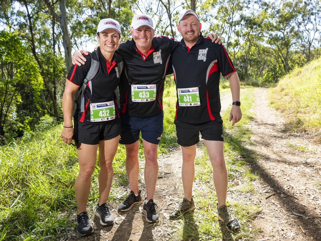 Members of team Holmes Smash Repairs (from left) Rebecca Budd, Darren Holmes and Zac Crowdey during Hike for the Homeless, Saturday, October 29, 2022. Picture: Kevin Farmer