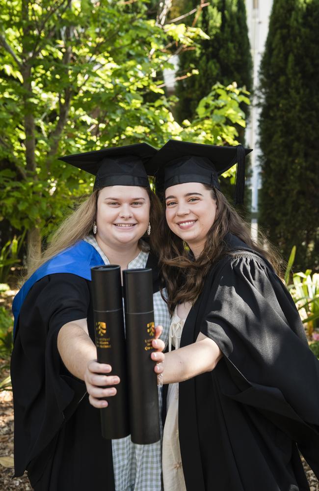 Bachelor of Nursing graduates Tione Smith (left) and Tanisha Thorne at a UniSQ graduation ceremony at Empire Theatres, Tuesday, October 31, 2023. Picture: Kevin Farmer