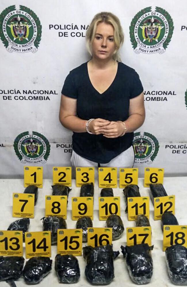 Cassie Sainsbury after being arrested on her way back to Adelaide with cocaine in her suitcase, at the El Dorado International Airport in Bogota.