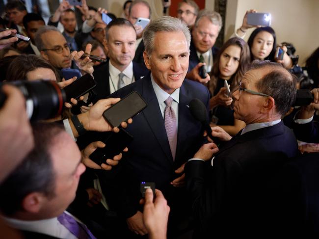 Kevin McCarthy is surrounded by staff, security and journalists before becoming the first Speaker of the House in US history to be ousted. Picture: Chip Somodevilla/Getty Images/AFP