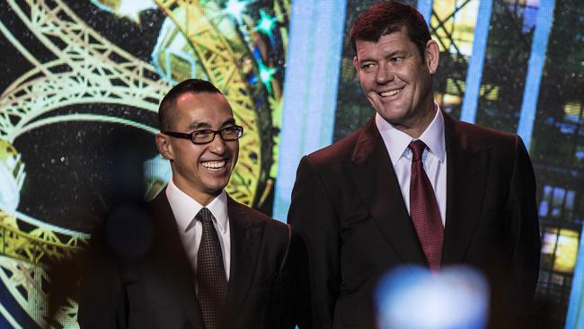 Melco chief Lawrence Ho with James Packer in Macau in 2015. Picture: Bloomberg