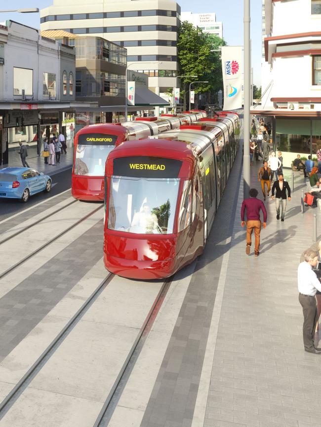 The light rail will turn from Macquarie St into Church St.