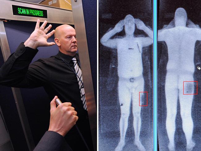 Combination of images shows an airport staff member (L) demonstrating a full body scan  and a computer screen showing the results of a full body scan at Manchester Airport in Manchester, north-west England, 13/10/2009 file photo.