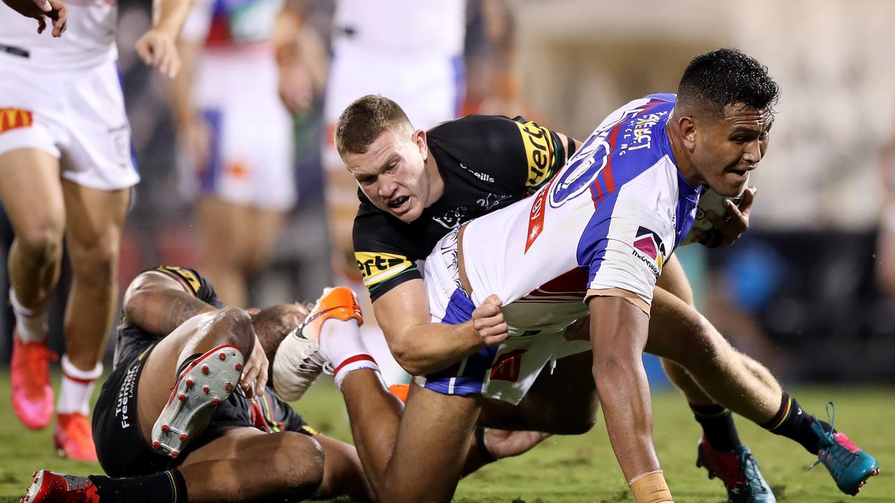 Daniel Saifiti charges forward during the Round 3 NRL match between the Penrith Panthers and the Newcastle Knights.