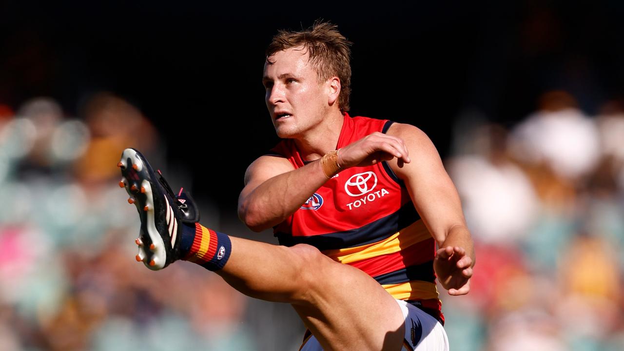 Jordan Dawson launches the Crows forward. Picture: Michael Willson/AFL Photos via Getty Images