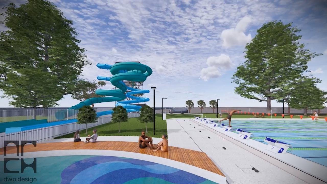 Payneham Swimming Pool development plans. A 14 metre tall tower with two water slides will also be constructed. Picture: Supplied