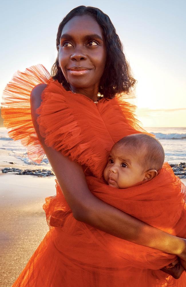 Yolngu woman, new generation model and actress Magnolia Maymuru with her daughter, Djarraran. Charles Dennington/Vogue