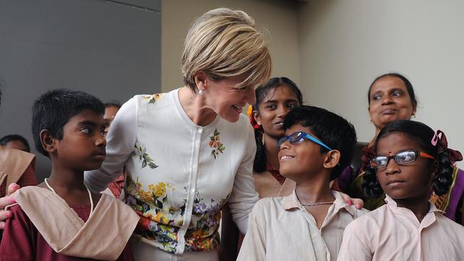 Australian Foreign Minister Julie Bishop with schoolchildren in Chennai last month. Picture: AFP