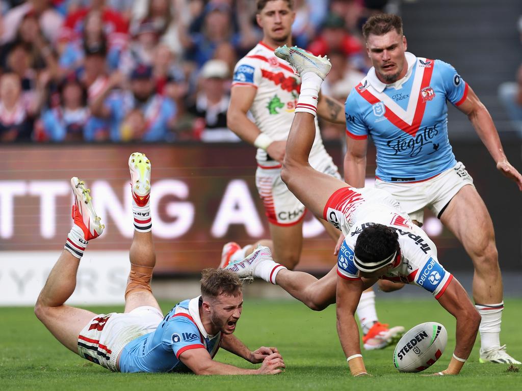 Sam Walker scores a try in a terrific individual performance. Picture: Cameron Spencer/Getty Images