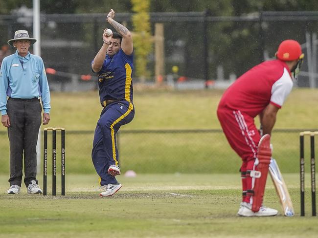 Dingley opening bowler Jay Jhamb goes at Mordialloc. He took 2-20.