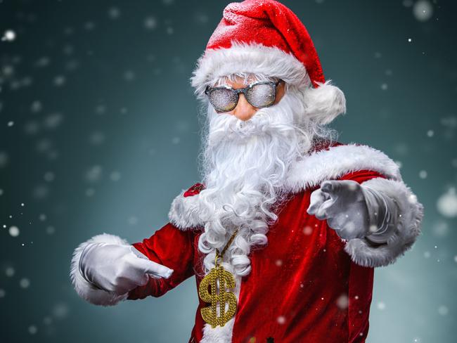 Funky crazy hipster white bearded santa claus hold money, with dollar sign