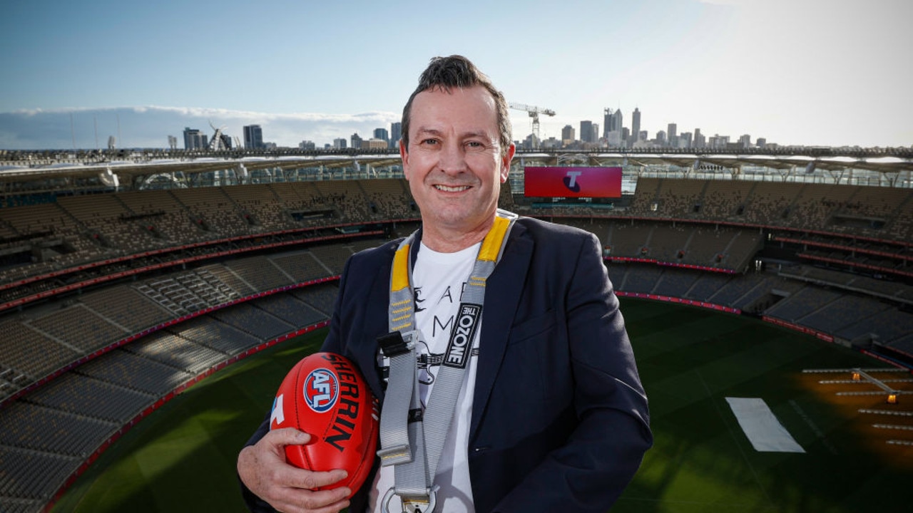 PERTH, AUSTRALIA - SEPTEMBER 17: Western Australian Premier Mark McGowan poses for a photograph during the AFL Grand Final entertainment photo opportunity on the roof of Optus Stadium on September 17, 2021 in Perth, Australia. (Photo by Michael Willson/AFL Photos via Getty Images)