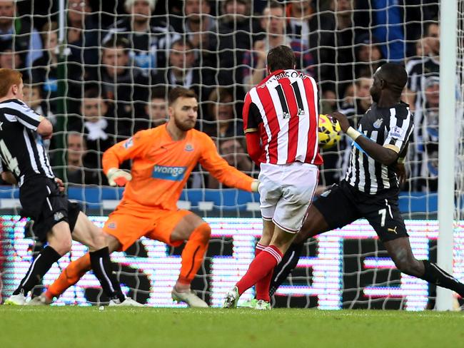 Adam Johnson scores his goal at St James' Park, Newcastle. Picture: AP Photo/Scott Heppell