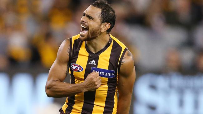 Cyril Rioli celebrates a goal. Picture: Michael Klein