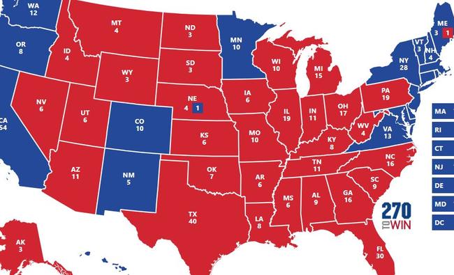 The current electoral map, if the polling is accurate. Picture: 270toWin.com