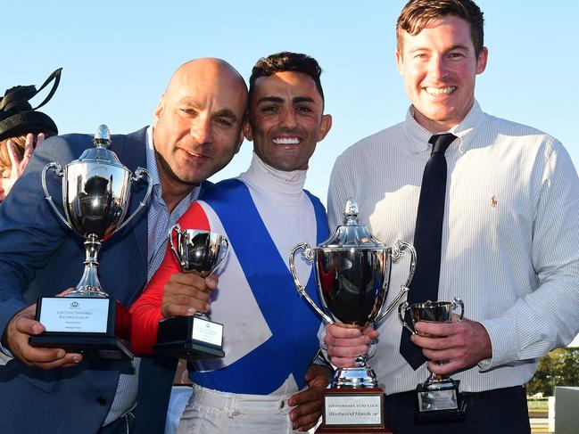 Ben Currie (right) with Tony Khoury and Bobby El-Issa after winning in the 2018 Weetwood Handicap. 