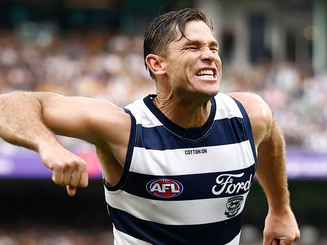 MELBOURNE, AUSTRALIA - APRIL 01: Tom Hawkins of the Cats celebrates a goal in his 350th match during the 2024 AFL Round 03 match between the Hawthorn Hawks and the Geelong Cats at the Melbourne Cricket Ground on April 01, 2024 in Melbourne, Australia. (Photo by Michael Willson/AFL Photos via Getty Images)