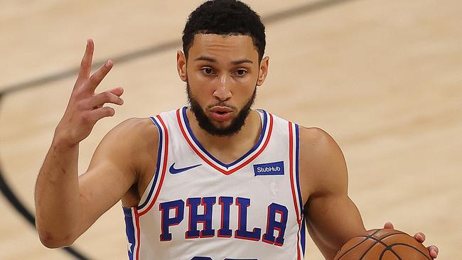 ATLANTA, GEORGIA - JUNE 18:  Ben Simmons #25 of the Philadelphia 76ers calls out a play against the Atlanta Hawks during the first half of game 6 of the Eastern Conference Semifinals at State Farm Arena on June 18, 2021 in Atlanta, Georgia.  NOTE TO USER: User expressly acknowledges and agrees that, by downloading and or using this photograph, User is consenting to the terms and conditions of the Getty Images License Agreement. (Photo by Kevin C. Cox/Getty Images)