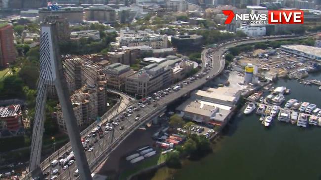 Traffic seen on the Anzac Bridge as a result of the crash. Picture: Seven News