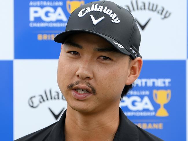 BRISBANE, AUSTRALIA - NOVEMBER 21: Min Woo Lee speaks at a media opportunity ahead of the 2023 Australian PGA Championship at Royal Queensland Golf Club on November 21, 2023 in Brisbane, Australia. (Photo by Bradley Kanaris/Getty Images)