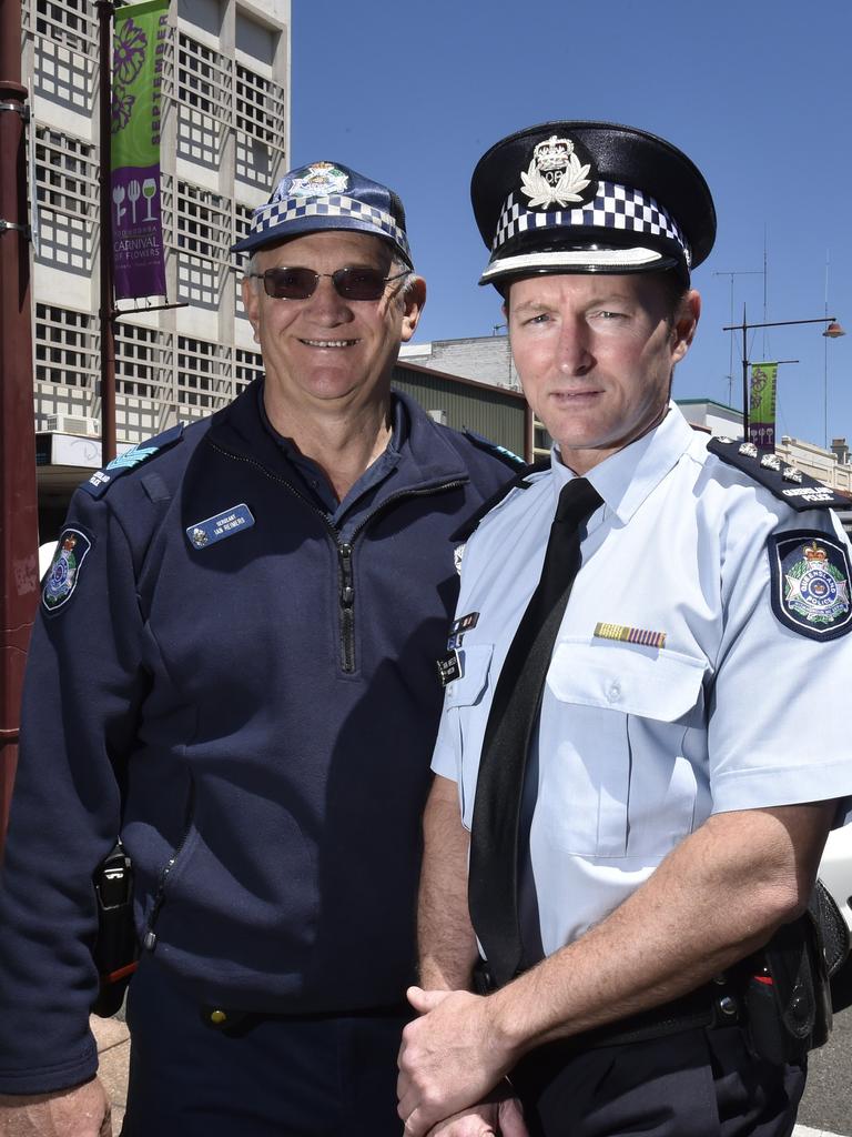 This photo of former Safe Night Out precinct operations commander Sergeant Ian Reimers (left) and the then-Toowoomba City Patrol Group officer Inspector Mark Wheeler was taken while Mr Reimers still on the job. Photo: Bev Lacey / The Chronicle