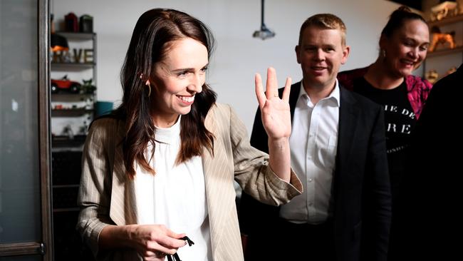 Jacinda Ardern greets supporters at Auckland's Crave Cafe on Sunday. Picture: Getty Images