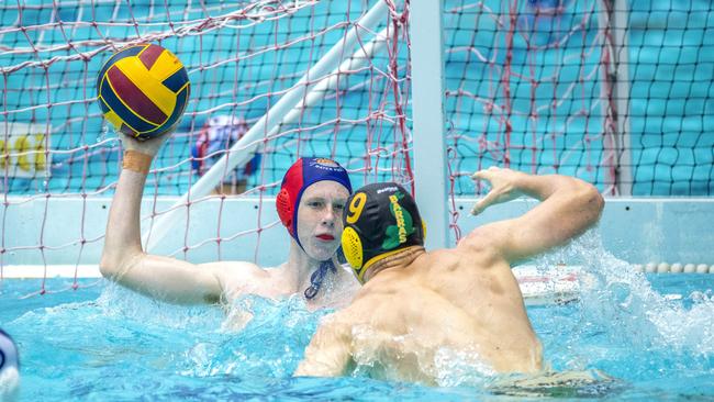 Flynn O'Neill in the Queensland Premier League Water Polo match between Barracudas and Gold Coast at Fortitude Valley Pool. Picture: Richard Walker