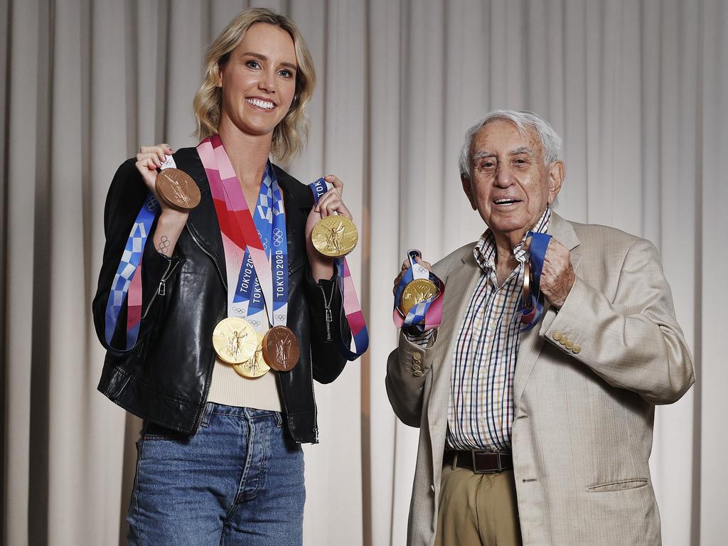 Billionaire Harry Triguboff, pictured with Olympic champion swimmer Emma McKeon, came in as the highest ranking property powerbroker on The List. Picture: Sam Ruttyn