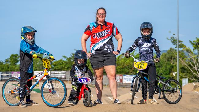 Cairns BMX Club members Caleb Costa (8), Noah Costa (3), Janet Costa and Tyler Costa (10) can reap the benefits expected to come from a new 10 year lease of the Scott St track after years of negotiations with Cairns Regional Council. Picture Emily Barker.