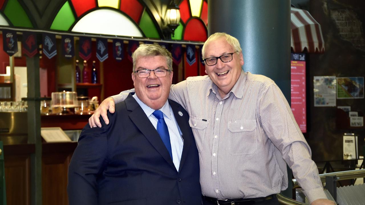 Derek Tuffield (left) and John Gouldson. Launch of winter fundraising for Lifeline, ShanksToowoomba Sports Club. July 2018