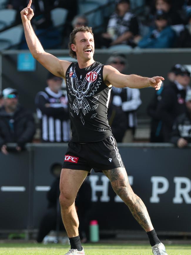 Port Adelaide’s Nick Moore celebrates one of his three goals against West Adelaide at Alberton Oval. Picture: David Mariuz/SANFL.