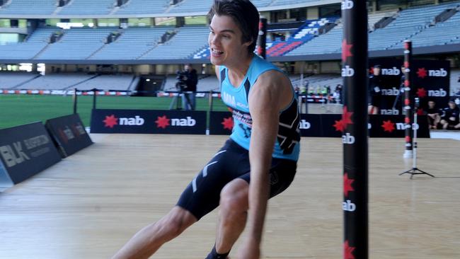 Jack Bowes completes the agility test at the Draft Combine. Picture: Andrew Henshaw