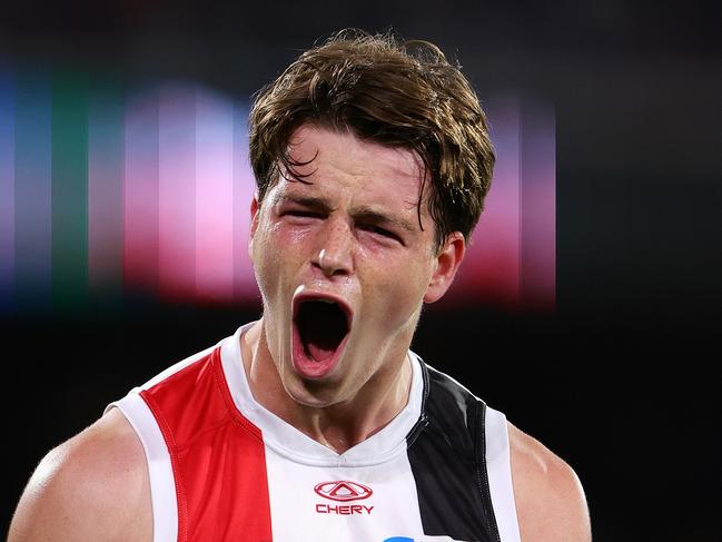 ADELAIDE, AUSTRALIA - APRIL 26: Mattaes Phillipou of the Saints celebrates a goal during the 2024 AFL Round 07 match between the Port Adelaide Power and the St Kilda Saints at Adelaide Oval on April 26, 2024 in Adelaide, Australia. (Photo by Sarah Reed/AFL Photos via Getty Images)