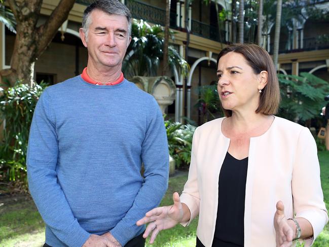 LNP Leader Deb Frecklington and Deputy Leader Tim Mander at a post election media conference at Government House. Picture: AAP/Richard Gosling