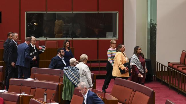 All of the Greens senators left the chamber. Picture: NCA NewsWire / Martin Ollman