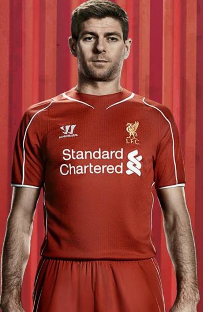 Stevie G models Liverpool’s traditional red home strip, designed by Warrior. &lt;b&gt;Away&lt;/b&gt;&lt;b/&gt;