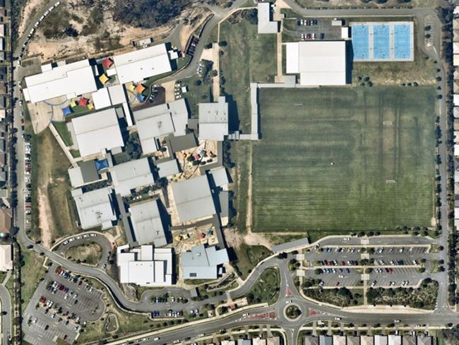 An aerial of Pimpama State Secondary College shows big grounds but no pool. Picture: Aerial imagery by Nearmap.