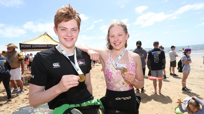 Tommy Lane, left, after contesting the View Swim Classic at Point Lonsdale.