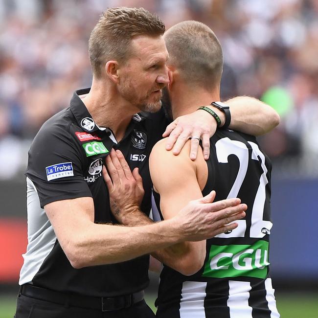 Nathan Buckley and Steele Sidebottom before the 2018 Grand Final.