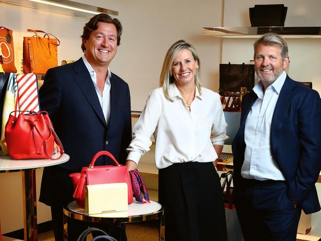 *** USE BY STELLAR MAGAZINE *** FOR: OCTOBER 14, 2018 *** STELLAR FEATURE: Sophie Holt **** © Hollie AdamsCaption:31/07/2018: (L-R) New Oroton owner Will Vicars, new creative director Sophie Holt and CEO Ross Lane (also grandson of founder) who are unveiling the new deal and direction for the heritage Australian accessories brand after a turbulent couple of years including going into VA last year and terminating its Gap franchise agreement.